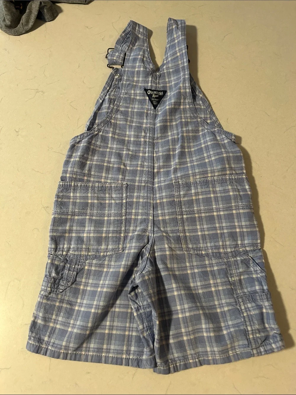 OshKosh B'gosh Gray Tee with Yellow Logo + Blue Plaid & Floral Overalls Set